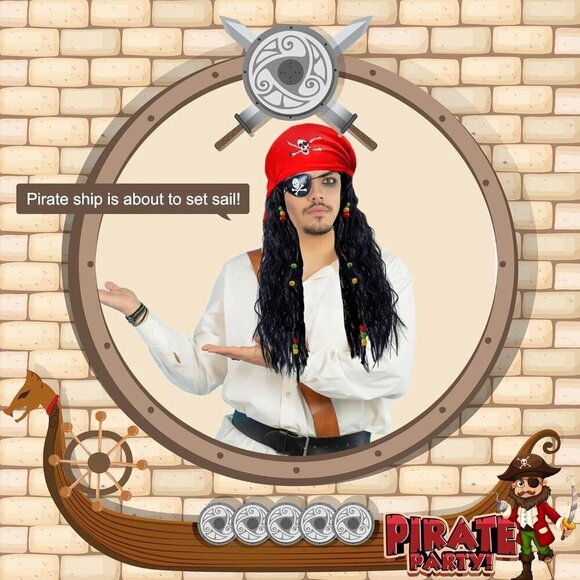 Pirate Costume Wig Set Women Polyester Curly Long Black Headscarf Accessories main image 6